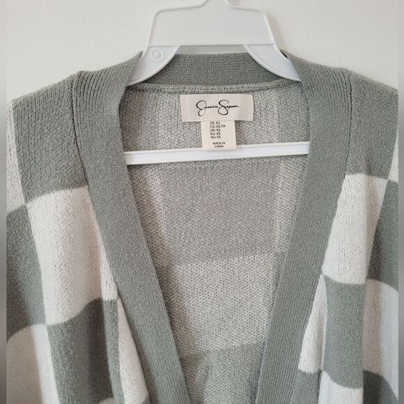 Jessica Simpson Checkered Cardigan Sage Green White Soft Cropped Oversized XS - Picture 3 of 9